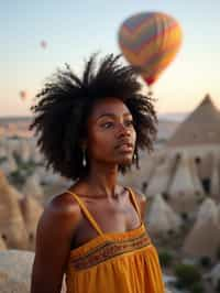 Breathtakingly woman with hot air balloons in the background in cappadocia, Türkiye. Cappadocia, Turkey