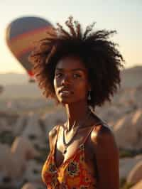 Breathtakingly woman with hot air balloons in the background in cappadocia, Türkiye. Cappadocia, Turkey