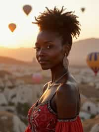 Breathtakingly woman with hot air balloons in the background in cappadocia, Türkiye. Cappadocia, Turkey