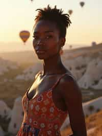 Breathtakingly woman with hot air balloons in the background in cappadocia, Türkiye. Cappadocia, Turkey