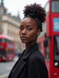 woman in London with Double Decker Bus in background