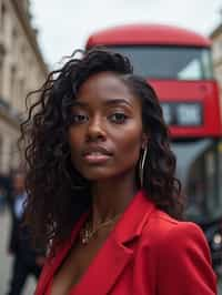 woman in London with Double Decker Bus in background