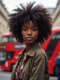 woman in London with Double Decker Bus in background