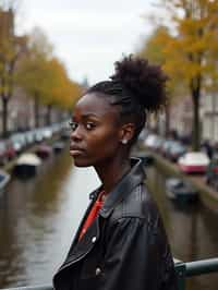 woman in Amsterdam with the Amsterdam Canals in background