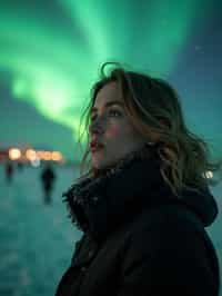 woman in Reykjavik with the Northern Lights in the background