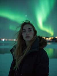 woman in Reykjavik with the Northern Lights in the background