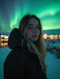 woman in Reykjavik with the Northern Lights in the background