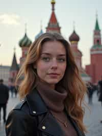 woman in Moscow with the Kremlin in the background