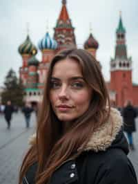 woman in Moscow with the Kremlin in the background