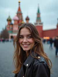 woman in Moscow with the Kremlin in the background