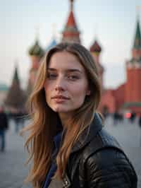 woman in Moscow with the Kremlin in the background