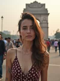 woman in Delhi with the India Gate in the background