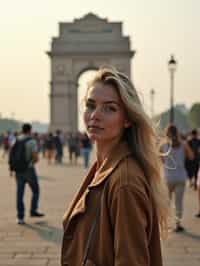 woman in Delhi with the India Gate in the background