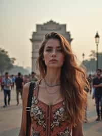 woman in Delhi with the India Gate in the background