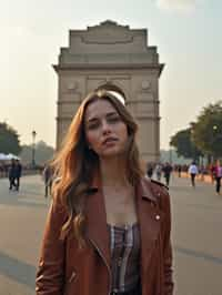 woman in Delhi with the India Gate in the background