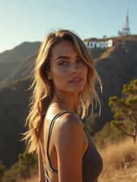 woman in Los Angeles with the Hollywood sign in the background