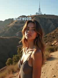 woman in Los Angeles with the Hollywood sign in the background