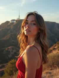 woman in Los Angeles with the Hollywood sign in the background