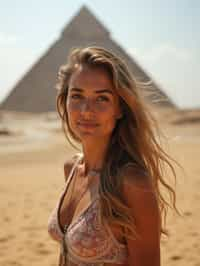 woman in Cairo with the Pyramids of Giza in the background