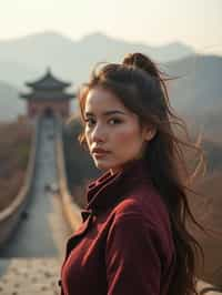 woman in Beijing with the Great Wall in the background