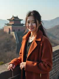 woman in Beijing with the Great Wall in the background