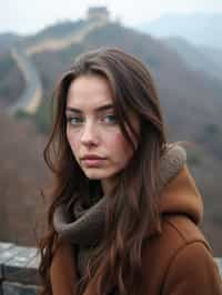 woman in Beijing with the Great Wall in the background