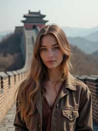 woman in Beijing with the Great Wall in the background