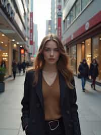 woman in Seoul in Gangnam in Cheongdamdong Luxury Shopping street. stores visible in background