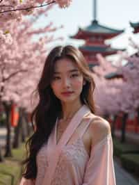 woman in Japan with Japanese Cherry Blossom Trees and Japanese temples in background