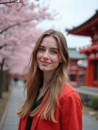 woman in Japan with Japanese Cherry Blossom Trees and Japanese temples in background