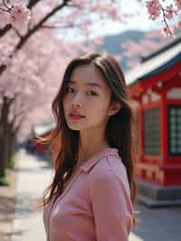 woman in Japan with Japanese Cherry Blossom Trees and Japanese temples in background