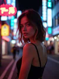 woman in Tokyo at night with neon lights