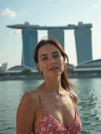 woman in Singapore with Marina Bay Sands in background