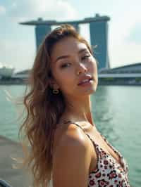 woman in Singapore with Marina Bay Sands in background