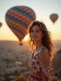 Breathtakingly woman with hot air balloons in the background in cappadocia, Türkiye. Cappadocia, Turkey