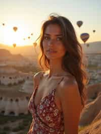 Breathtakingly woman with hot air balloons in the background in cappadocia, Türkiye. Cappadocia, Turkey