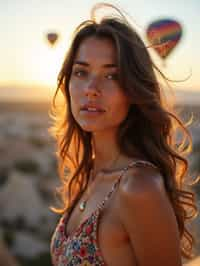 Breathtakingly woman with hot air balloons in the background in cappadocia, Türkiye. Cappadocia, Turkey