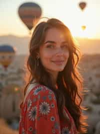 Breathtakingly woman with hot air balloons in the background in cappadocia, Türkiye. Cappadocia, Turkey