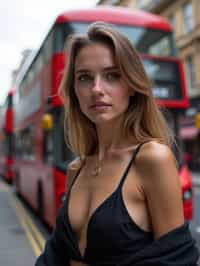 woman in London with Double Decker Bus in background