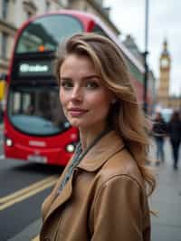 woman in London with Double Decker Bus in background