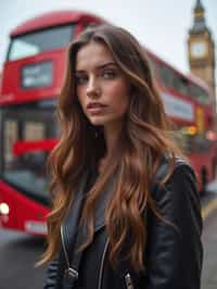 woman in London with Double Decker Bus in background