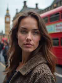 woman in London with Double Decker Bus in background