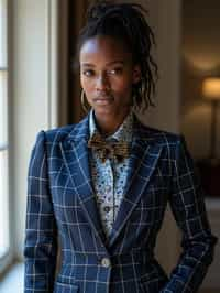 woman showcasing a unique windowpane check suit in a navy blue color with a patterned shirt and a contrasting bow tie