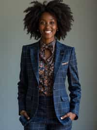 woman showcasing a unique windowpane check suit in a navy blue color with a patterned shirt and a contrasting bow tie