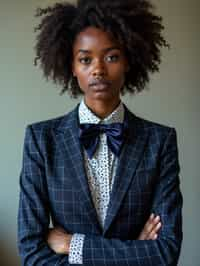 woman showcasing a unique windowpane check suit in a navy blue color with a patterned shirt and a contrasting bow tie