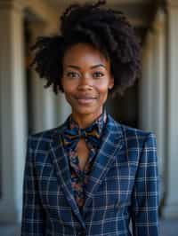 woman showcasing a unique windowpane check suit in a navy blue color with a patterned shirt and a contrasting bow tie