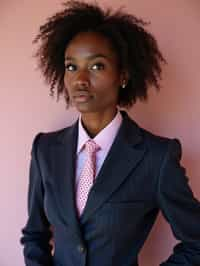 woman wearing a classic navy herringbone suit with a light pink dress shirt and a polka dot tie