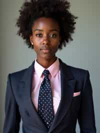 woman wearing a classic navy herringbone suit with a light pink dress shirt and a polka dot tie