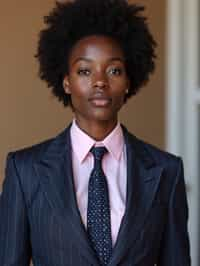 woman wearing a classic navy herringbone suit with a light pink dress shirt and a polka dot tie