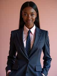 woman wearing a classic navy herringbone suit with a light pink dress shirt and a polka dot tie